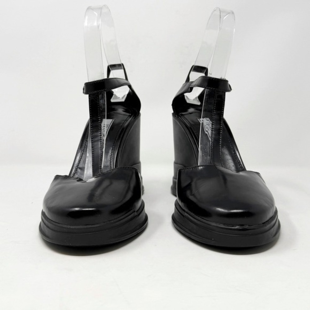Prada‎ Black Wedge Sandals T Strap Leather Heels 37.5 - Picture 9 of 11